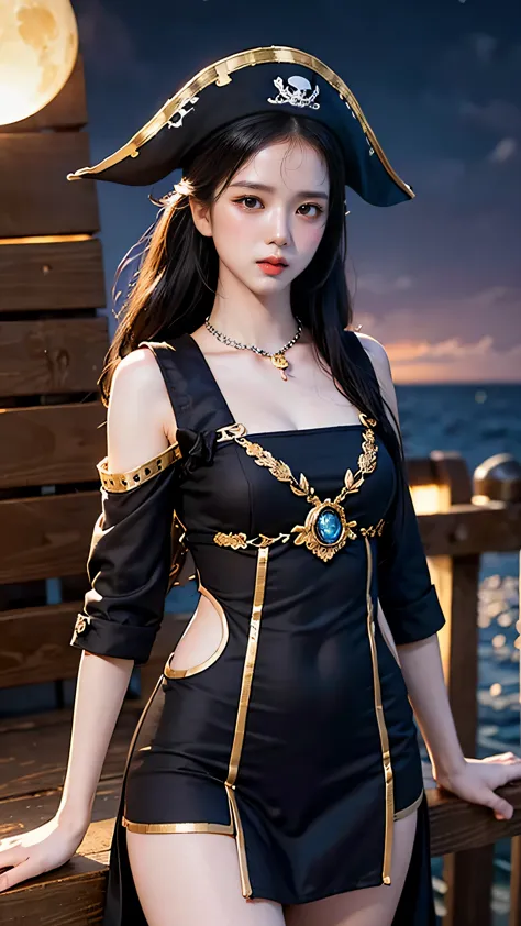 (best quality,ultra-detailed,realistic:1.37),Jisoo Blackpink in a pirate costume,pirate hat,tailored pirate outfit,striking pose...
