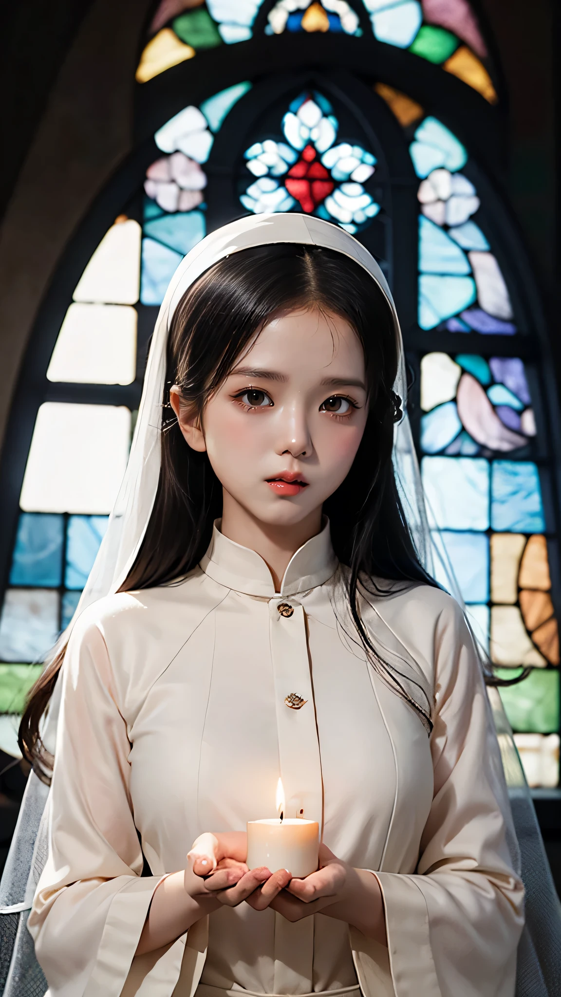 JISOO BLACKPINK as a nun (best quality, highres:1.2), detailed eyes and facial features, delicate and graceful, pure white nun habit, serene expression, soft lighting, religious atmosphere, ethereal beauty, dark long hair, black veil, serene backdrop, peaceful ambiance, calm and tranquil, pure-hearted devotion, elegant posture, angelic presence, divine aura, heavenly purity, sacred devotion, traditional church setting, stained glass windows, subtle shadows, warm candlelight, spiritual serenity, breathtaking portrait