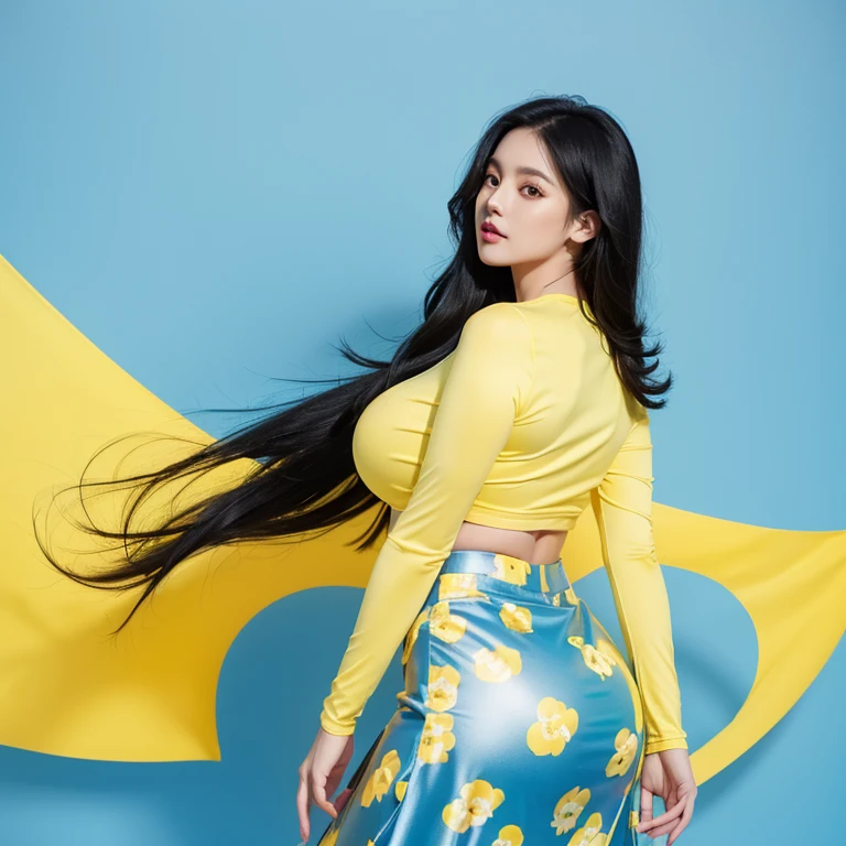 1girl ( shiny long black hair, shiny skin), huge breasts, voluptuous, curvy,  back shot, standing and looking at the viewer, , acmm ls outfit, wearing acmm top, (yellow) acmm top, long sleeves, wearing blue acmm long PRINT WITH WHITE SMALL FLOWER skirt, (((BLUE BACKGROUND)))
