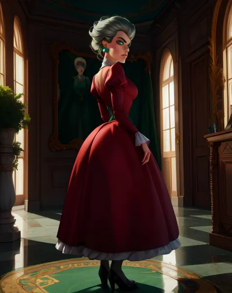 tremaine,green eyes,grey hair,large hair,
red dress,green gem,small earrings,
full body,serious,looking at viewer,glowing eyes,
...