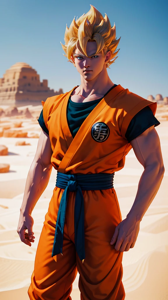 Masterpiece, Ultra realistic, 16k, high quality, incredibly detailed, dream aesthetic, dream atmosphere, pretty man. Tall. Son Goku (super saiyan) from Dragon Ball Z (Majin buu saga), shiny (pale-blond) hair, realistic pale-golden hair, messy spiky hair. Turquoise bright eyes, intense eyes look, shiny serious (blue) eyes. Pale-blond hair fluttering. light glowing skin, tanned skin illuminated, realistic perfect shading, absurdres, realistic textures, pretty man, looking at viewer, standing. Tall. orange goku shirt with a dark blue shirt under, dark blue waist band (hyper realistic) orange pants (real textures). quarry desert (with mountains), blurred background. Son Goku. (detailed textures). quarry (background unfocused), depth, best quality, Photorealistic.