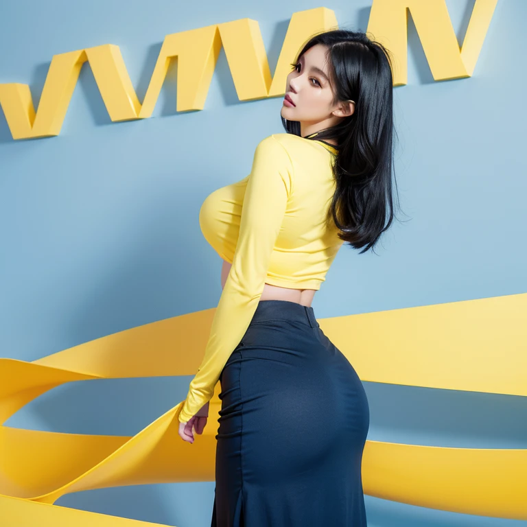 1girl (long black hair), huge breasts, voluptuous, curvy,  back shot, standing and smile with looking at the viewer, , acmm ls outfit, wearing (yellow) acmm on top, wearing long sleeves black long acmm skirt -PRINT WITH WHITE SMALL FLOWER skirt, ((plain background)), (((empty background)))