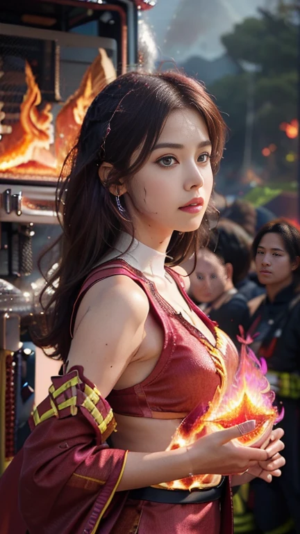 8K, ultra detailed, masterpiece, 1 fire girl, good face, detailed eyes, very long hair, hire hair, (fire outfit:1.8), (magenta outfit:1.5), (spreading fire:1.5), (aura:1.4), flame in hands, perfect body,