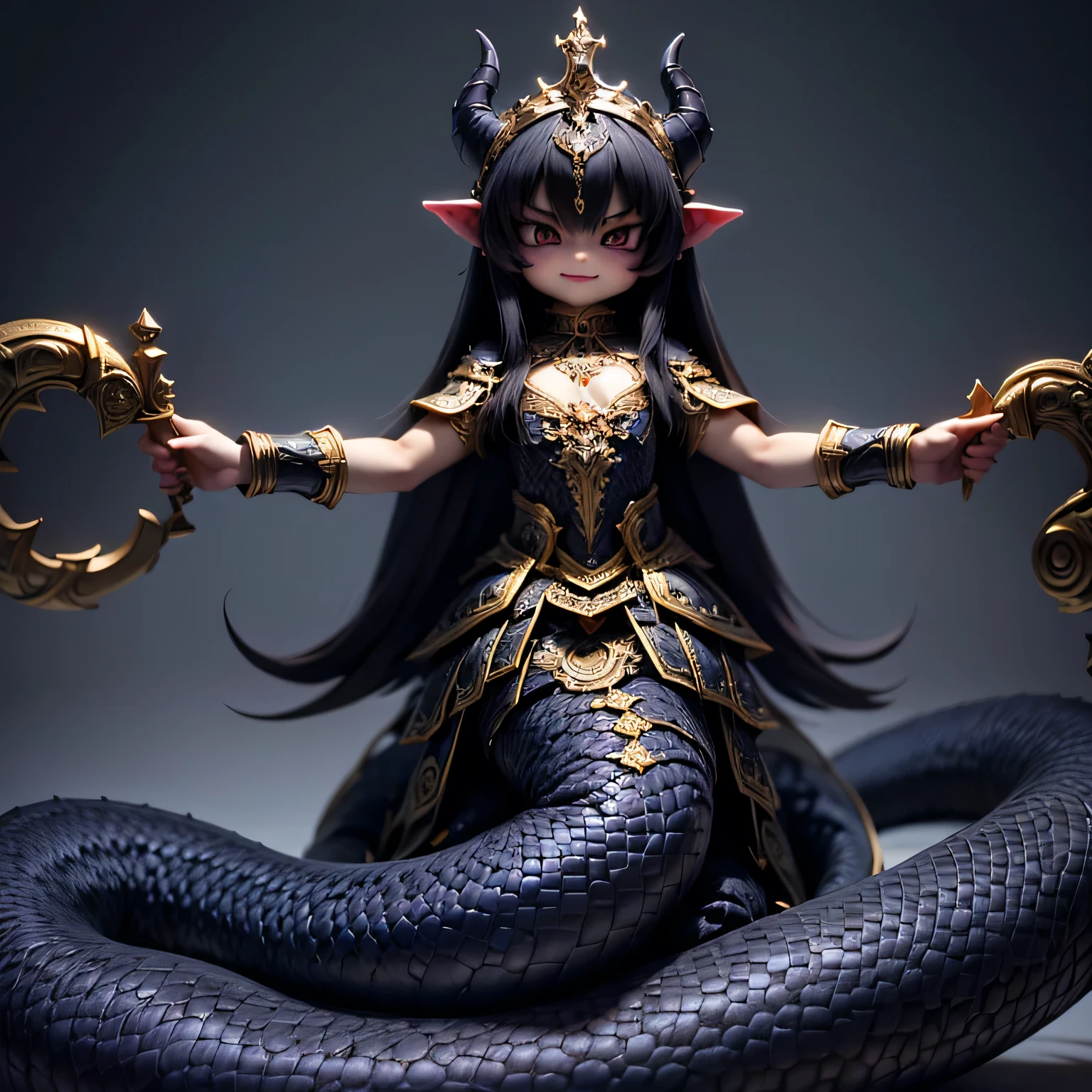 (Superflat, Flat Shading),Lamia Queen\(cute,kawaii,small kid,Geeky feel,Black Scales,Arrogant and sharp gaze,Intimidating posture,Blue pattern on the scales,long fluffy black hair,Gold Chain Mail,bracelet,Taking an arrogant stance on the royal throne,evil smile,Barbaric style,very cute,dynamic pose,\), BREAK ,background\(in the glorious palace,dark\),Dark fantasy,dynamic wide view,full body,High angle,quality\(8k,wallpaper of extremely detailed CG unit, ​masterpiece,hight resolution,top-quality,top-quality real texture skin,hyper realisitic,increase the resolution,RAW photos,best qualtiy,highly detailed,the wallpaper,cinematic lighting,ray trace,golden ratio,\),dynamic angle,anatomically correct hand,better hands,5fingers,[nsfw:1.5]