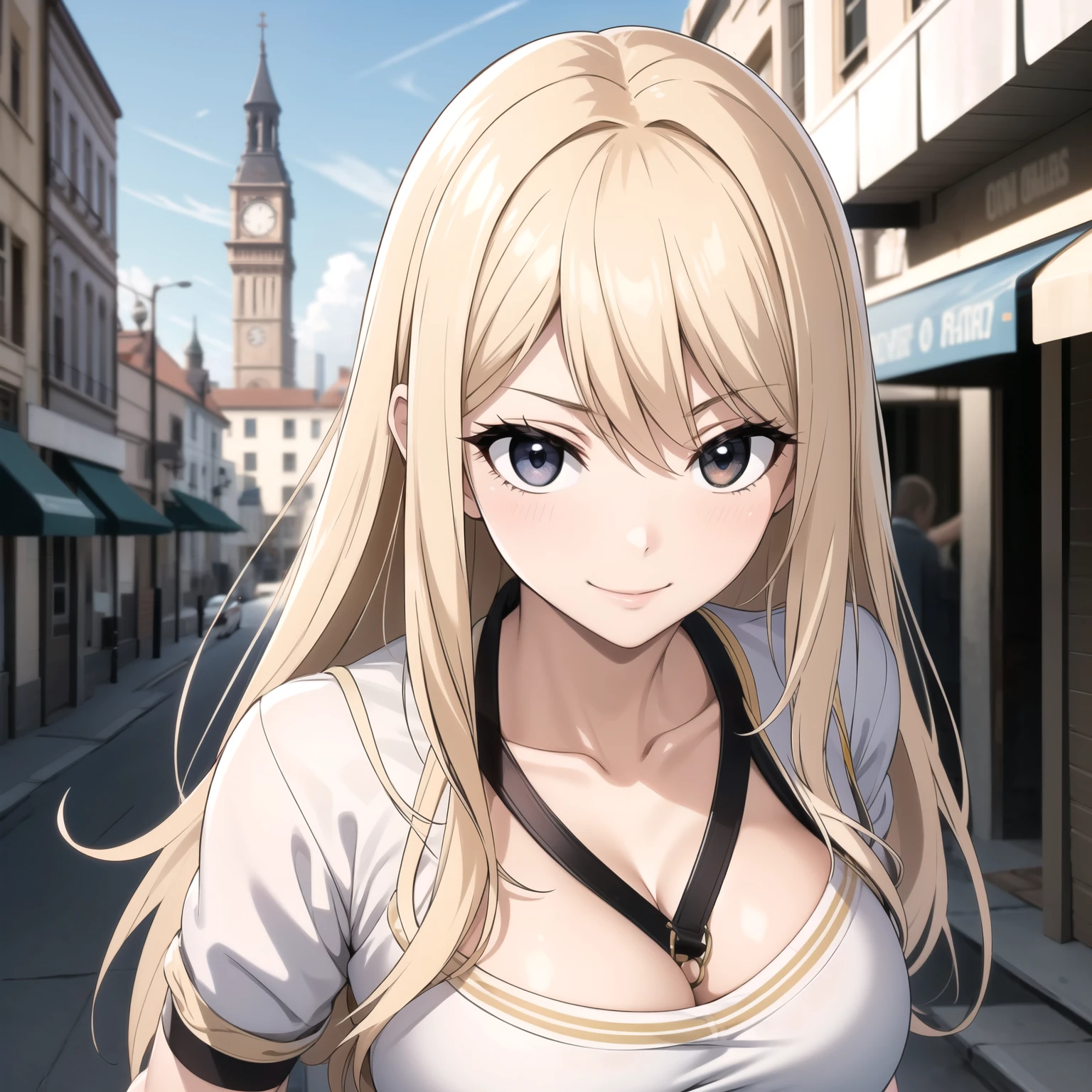 Lucy Heartfilia, Frauen. rotes Haar, braune Augen, große Brüste, Flirtendes Lächeln, urbane Kleidung, Hände auf dem Kopf. tief in einer Stadt.