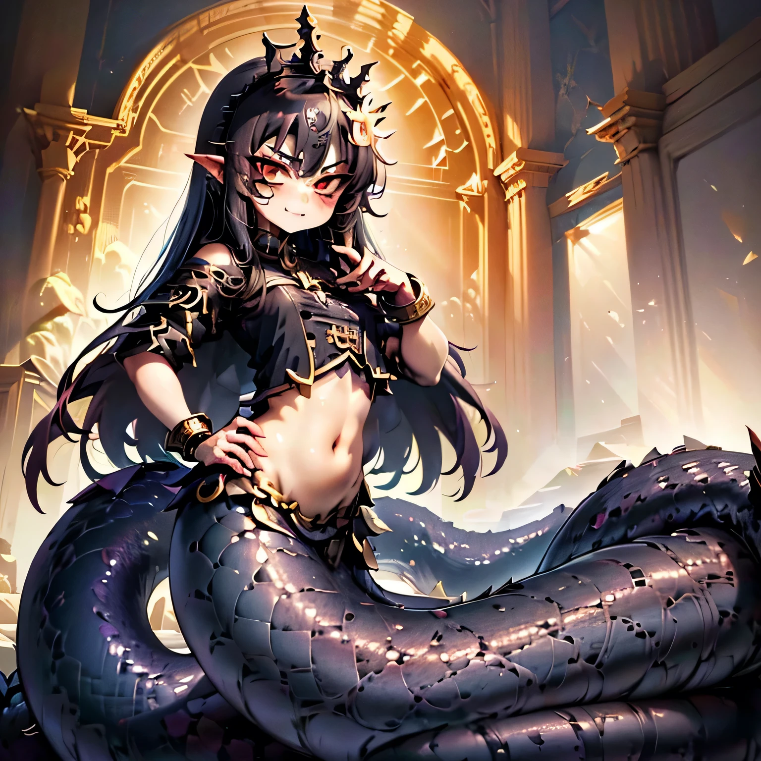 (Superflat, Flat Shading),Lamia Queen\(cute,kawaii,small kid,Geeky feel,Black Scales,Arrogant and sharp gaze,Intimidating posture,Blue pattern on the scales,long fluffy black hair,Gold Chain Mail,bracelet,Taking an arrogant stance on the royal throne,evil smile,Barbaric style,very cute,dynamic pose,\), BREAK ,background\(in the glorious palace,dark\),Dark fantasy,dynamic wide view,full body,High angle,quality\(8k,wallpaper of extremely detailed CG unit, ​masterpiece,hight resolution,top-quality,top-quality real texture skin,hyper realisitic,increase the resolution,RAW photos,best qualtiy,highly detailed,the wallpaper,cinematic lighting,ray trace,golden ratio,\),dynamic angle,anatomically correct hand,better hands,5fingers,[nsfw:1.5]