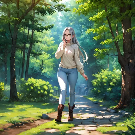 A woman with long silver hair, yellow eyes, wearing a white sweater, tight jeans, black boots, wearing glasses, walking along th...