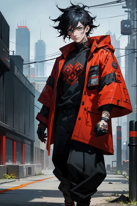 1male, black hair, blue eyes, messy hair, cyberpunk face implant, neck and arm tattoos, modern clothing, red overcoat, black bag...
