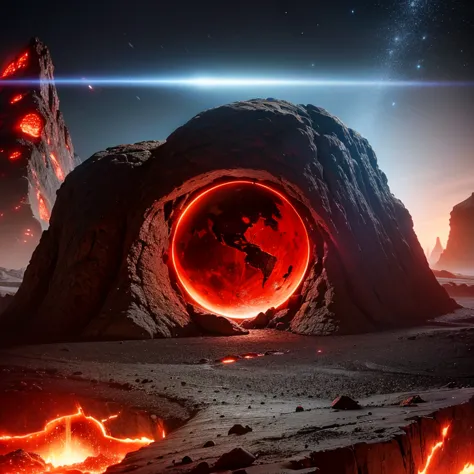 cybernetic earth with a red light inside, mechanized earth crust, the earth sprouts lava, earth's red mantle is visible, hollow ...