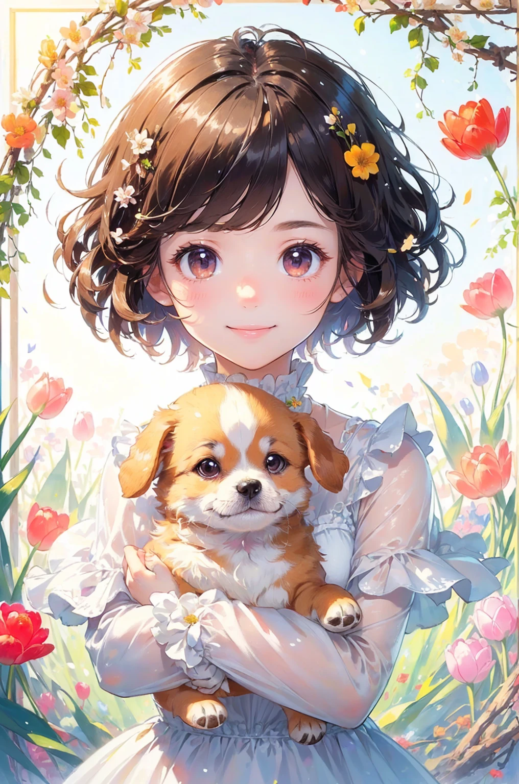(masterpiece、highest quality、highest quality、Beautiful and beautiful:1.2)、Good anatomy、Drawing of a girl with straight short hair、Beautiful smile、pure white costume、Soft、pure、Charm、(Holding a cinnamon-colored puppy:1.3)、looking at the camera、Flowers and leaves、Tulips