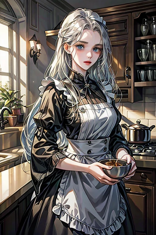 8k, highest quality,  Ultra-high resolution, One 1, Detailed face, blue eyes, Slightly droopy eyes, Silver long hair, Big Breasts, Classic maid outfit in black and white, Luxurious Western-style house kitchen, Cooking, Stirring the ingredients in the pot