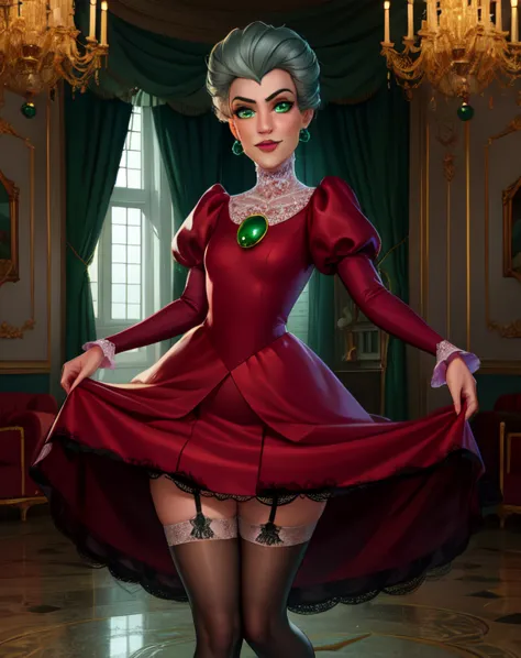 tremaine,green eyes,grey hair,large hair,
red dress,green gem,small earrings,
full body,serious,looking at viewer,glowing eyes, ...