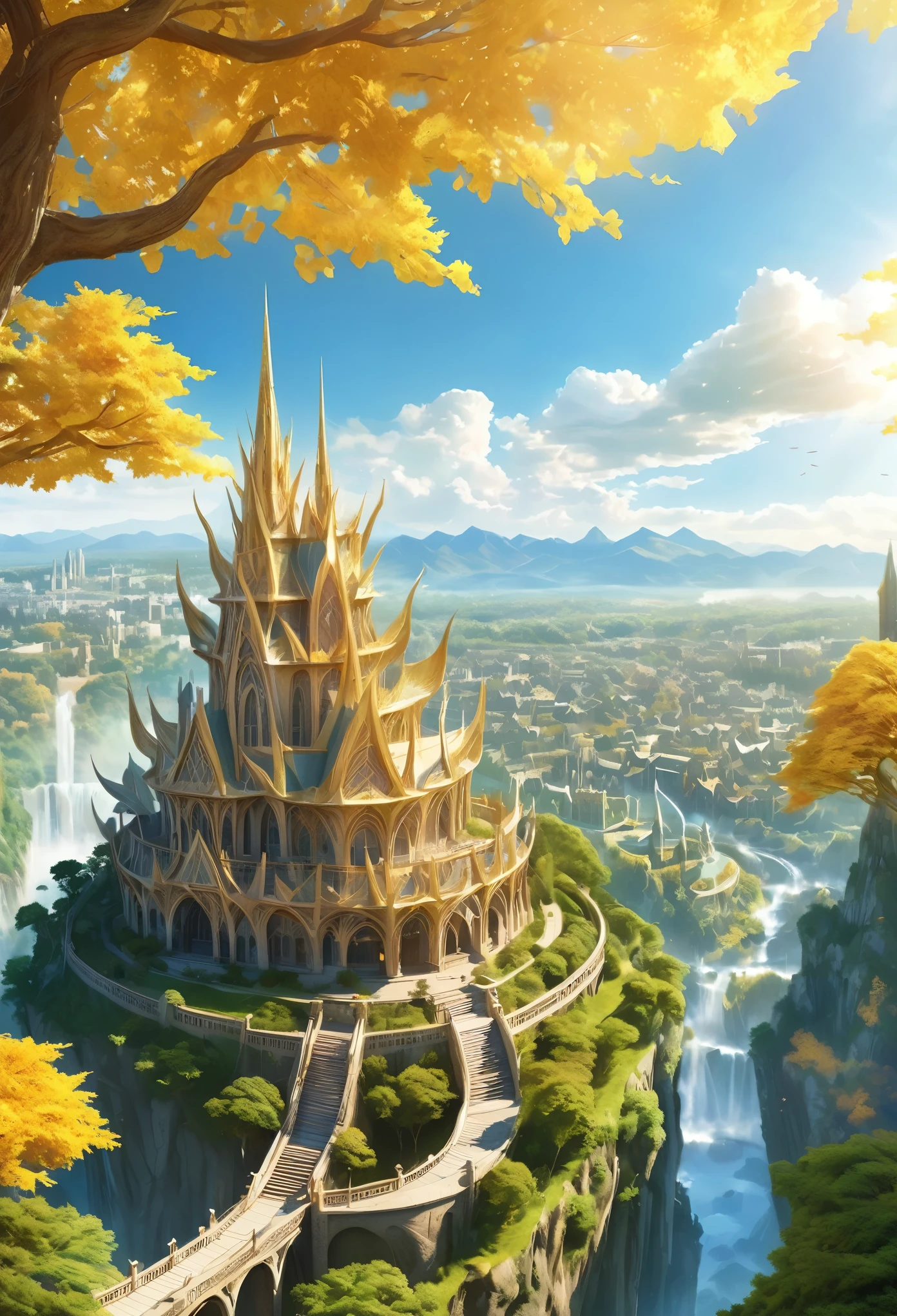 An unparalleled masterpiece, 16k, Super detailed, Approaching perfection, (Manga style:1.3) | Huge Magical (Elven World Tree) In the ancient elven city. | The World Tree (expensive), The branches stretch out towards the sky and shine brightly. ((Golden leaves that emit a soft and fantastic light)). | A distant view capturing the grandeur of the World Tree with the magnificent Elven city in the background. | There are many elven buildings in the city.、It showcases rich history and captivating beauty。 (elegant) civilization. | This scene (A breathtakingly sunny day) Bit (Mystery and Wonder) | Learn more