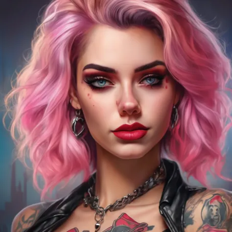 young adult woman 30 years realistic, sexy con tetas medianas, estilo punk moderno parecida a harley queen, con pelo largo color...