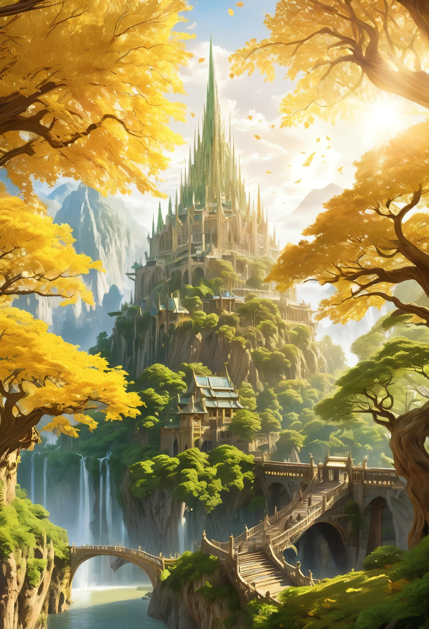 An unparalleled masterpiece, 16k, Super detailed, Approaching perfection, (Manga style:1.3) | Huge Magical (Elven World Tree) In the ancient elven city. | The World Tree (expensive), The branches stretch out towards the sky and shine brightly. ((Golden leaves that emit a soft and fantastic light)). | A distant view capturing the grandeur of the World Tree with the magnificent Elven city in the background. | There are many elven buildings in the city.、It showcases rich history and captivating beauty。 (elegant) civilization. | This scene (A breathtakingly sunny day) Bit (Mystery and Wonder) | Learn more