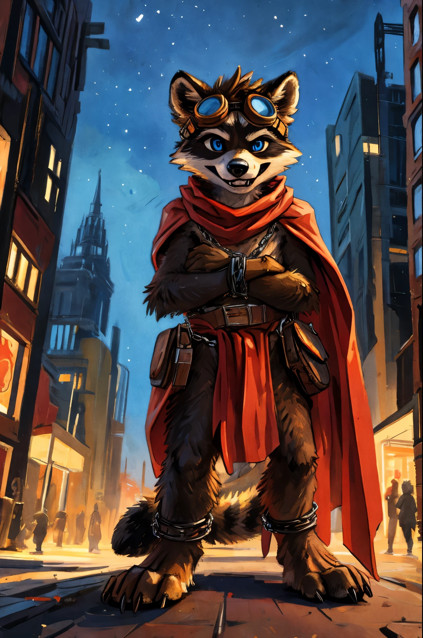 no lighting, deep shadow, dynamic angle, masterpiece, high quality, hi res, solo, young Furry, furry, young, raccoon, spiked brown hair only on head, red scarf, blue eyes, goggles, chain harness, red loincloth, red cape, masterpiece, detail body, fur all over body, detailed face, detailed eyes, detailed hands, Skinny, claws, high resolution, metal cuffs on wrists, metal cuffs on ankles, no shirt, no underwear, city, night, arms crossed, sneer, art by kenket