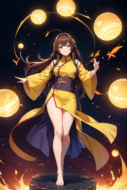 Anime Art、Full body portrait、Taoist priest in space science fiction、A curvy Chinese woman, standing upright, about 185cm tall, about 45 years old, wearing a yellow Taoist outfit、Twin-tailed brown hair、Bossy smile、barefoot、Yellow fireballs fly all around