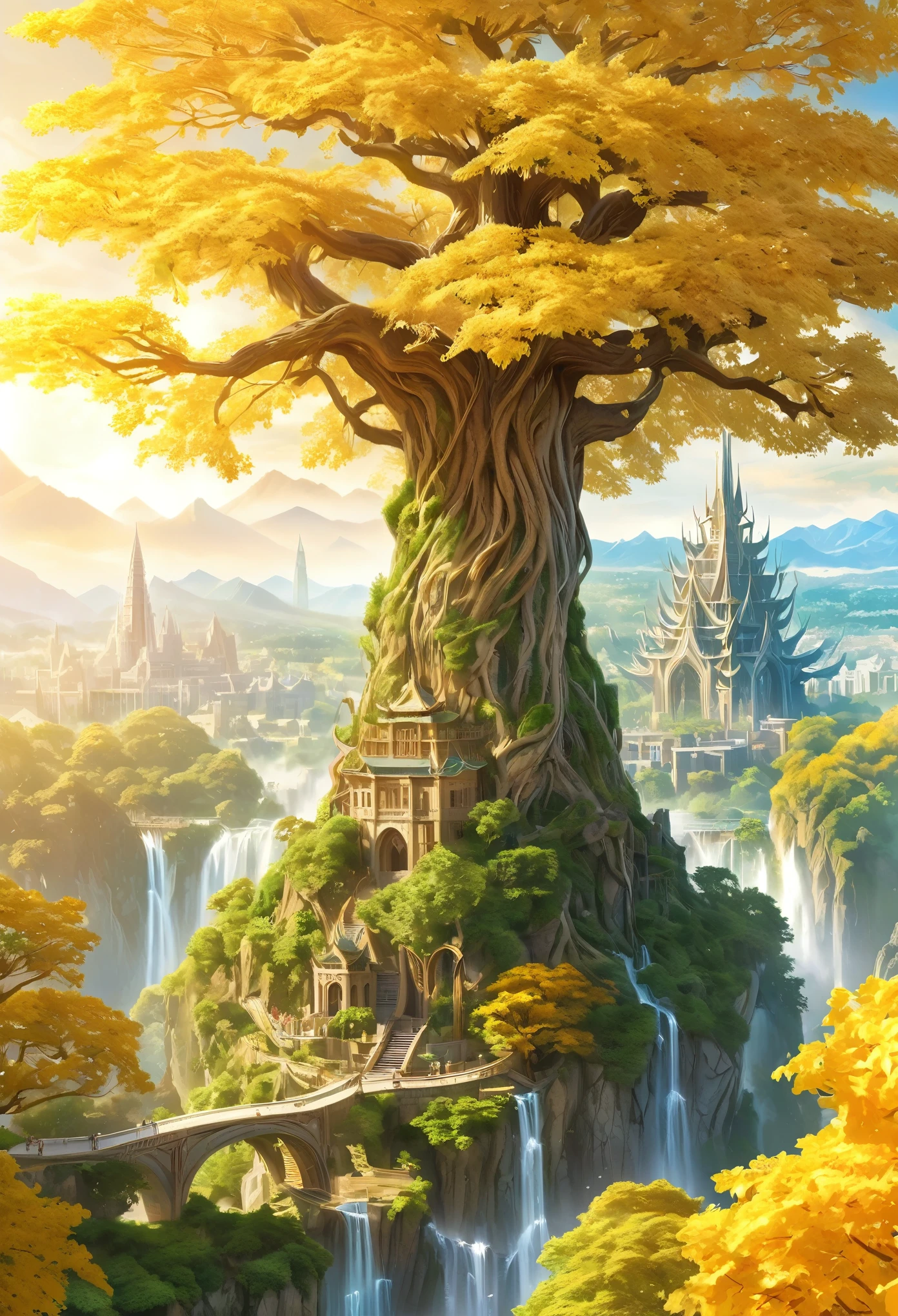 An unparalleled masterpiece, 16k, Super detailed, Approaching perfection, (Manga style:1.3) | Huge Magical (Elven World Tree) In the ancient elven city. | The World Tree (expensive), The branches stretch out towards the sky and shine brightly. ((Golden leaves that emit a soft and fantastic light)). | A distant view capturing the grandeur of the World Tree with the magnificent Elven city in the background. | There are many elven buildings in the city.、It showcases rich history and captivating beauty。 (elegant) civilization. | This scene (A breathtakingly sunny day) Bit (Mystery and Wonder) | Learn more
