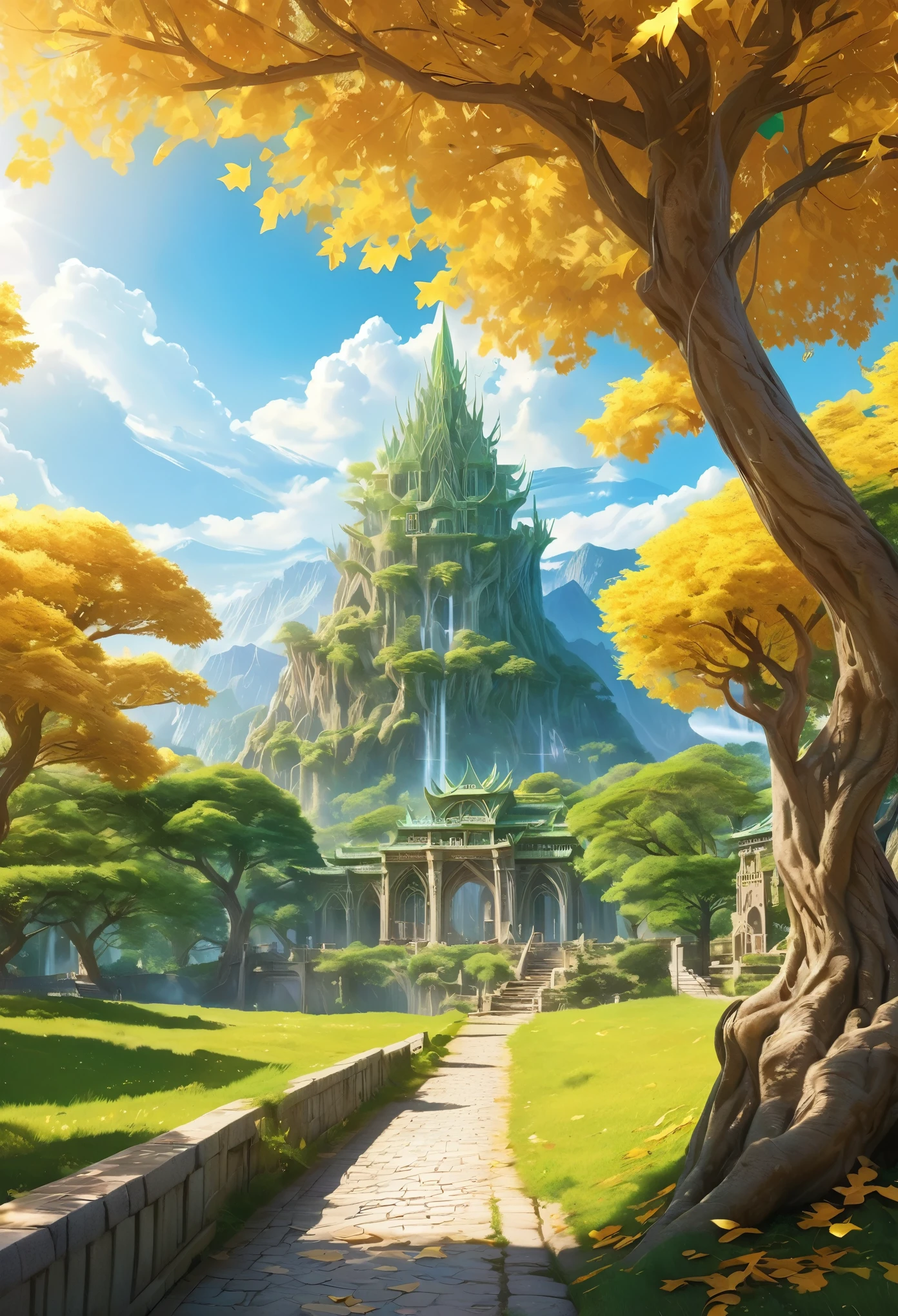 An unparalleled masterpiece, 16k, Super detailed, Approaching perfection, (Manga style:1.3) | Huge Magical (Elven World Tree) In the ancient elven city. | The World Tree (expensive), The branches stretch out towards the sky and shine brightly. ((Golden leaves that emit a soft and fantastic light)). | A distant view capturing the grandeur of the World Tree with the magnificent Elven city in the background. | There are many elven buildings in the city.、It showcases rich history and captivating beauty。 (elegant) civilization. | This scene (A breathtakingly sunny day) Bit (Mystery and Wonder) | Learn more