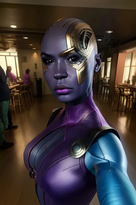 nebula,colored skin,single mechanical arm,black eyes,bald,cyborg, karen gillan face,
purple bodysuit,sleeveless, 
standing,upper...