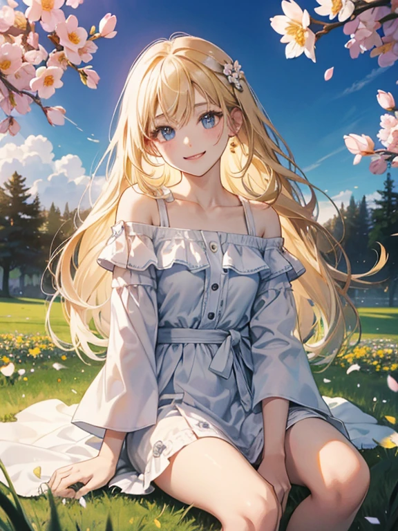 目と口を開けて笑う、花の公園に座る、膝を上げる、美しいブロンドの女の子。彼女の長い髪は風になびいていた、周囲の花々香りに包まれて。その笑顔は、春の太陽のように暖かい、心地よい幸福感を与える。彼女は本当に、ホワイトオフショルダー、ミニスカートを履く、それ&#39;公園に咲く一輪の花のようだ.、胸の谷間。パンチラ、白いパンティーを見せる。想像力を広げよう、この風景の中で彼女の笑顔はどんな魅力を持つのだろうか?、想像してみてください。