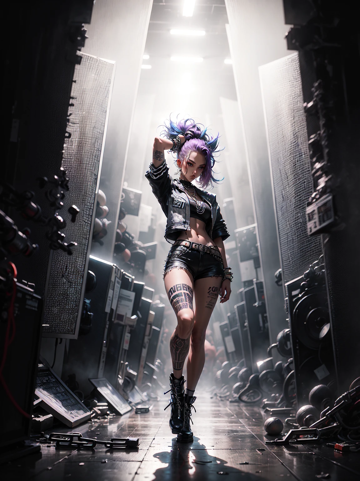 models, professional:1.6, (best quality,4k,8k,highres,masterpiece:1.2),ultra-detailed,realistic,punk style,punk fashion,full body shot:1.5,general shot:1.5, rebellious,spiked clothing,chain accessories, rebellious pose,high mohawk,violet hair,colorful,edgy background,studio lighting,dynamic pose y elegante