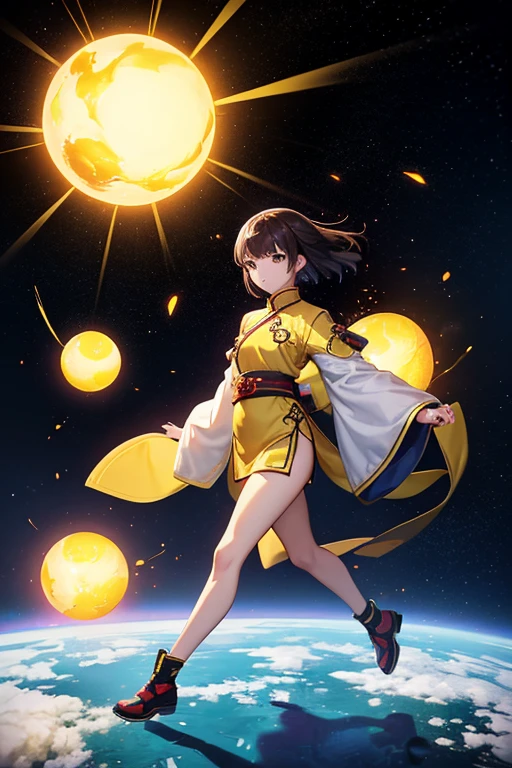 Anime Art、Full body portrait、Taoist priest in space science fiction、A curvy Chinese woman, standing upright, about 185cm tall, about 45 years old, wearing a yellow Taoist outfit、Twin-tailed brown hair、Bossy smile、barefoot、Yellow fireballs fly all around