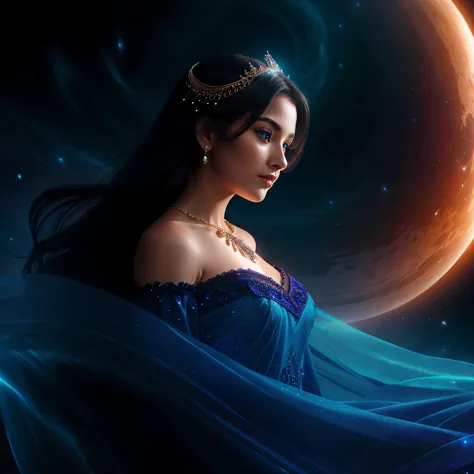 In the quiet stillness of the night, a black haired fairy of the moon sits upon her shimmering bedazzled crescent throne, her ey...