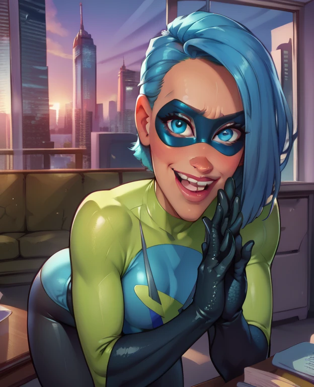 score_9,score_8_up,score_7_up,score_6_up,
Voydxl,blue hair,blue eyes,lips,own hands together,nervous smile,
domino mask,bodysuit,gloves,looking at viewer,upper teeth only,
leaning forward, back view, ass,
office,cityscape,indoors,
