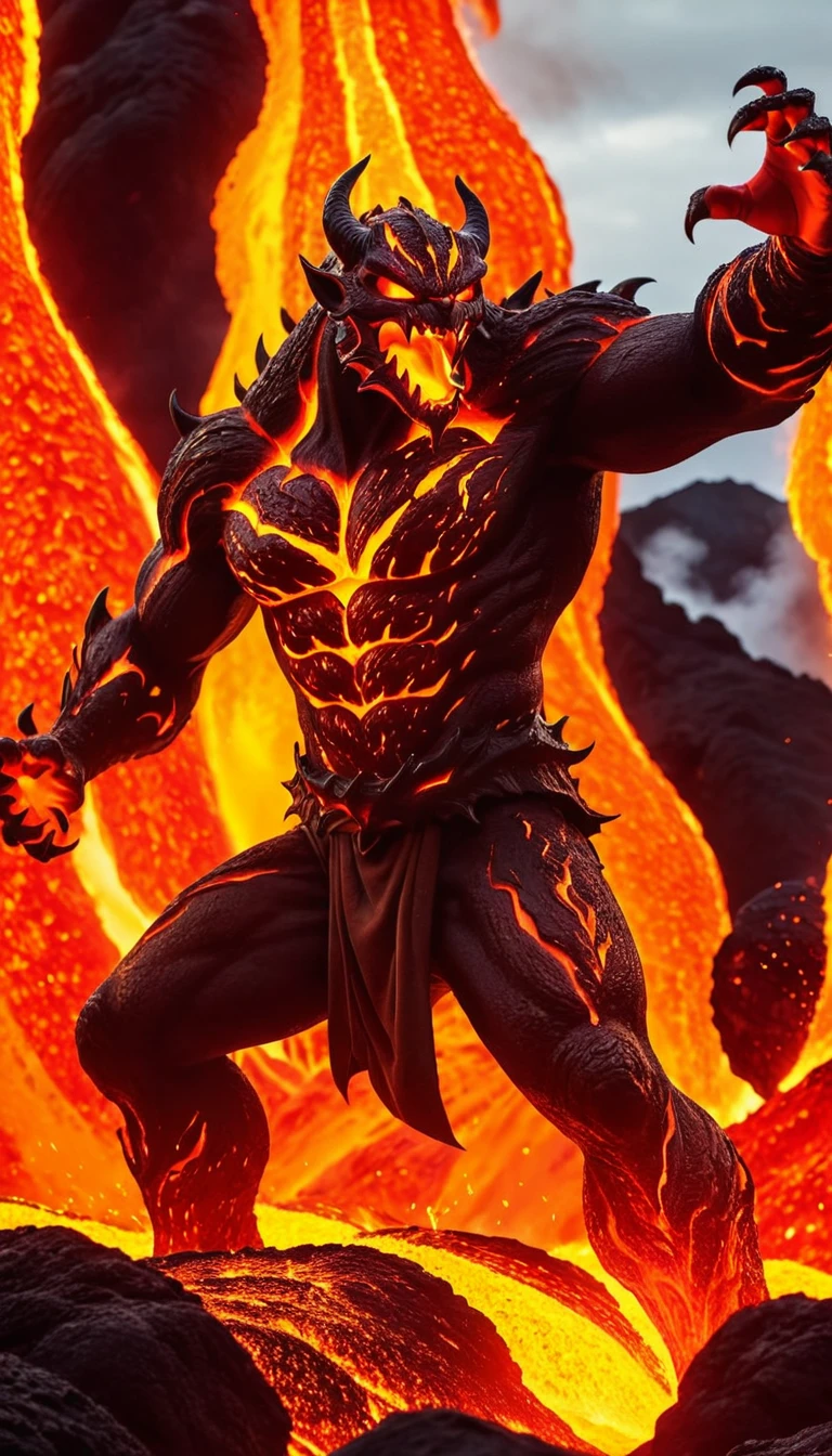 Masterpiece, best quality, (dynamic pose:0.5), Absurdres, Dark fantasy, horror, huge lava demon,  fighting pose, punch lava, (attacking with lava:1.5) lava clothes,lava, magma, lava face, lava behind a demon, (wind:1.4), fire, flowing lava