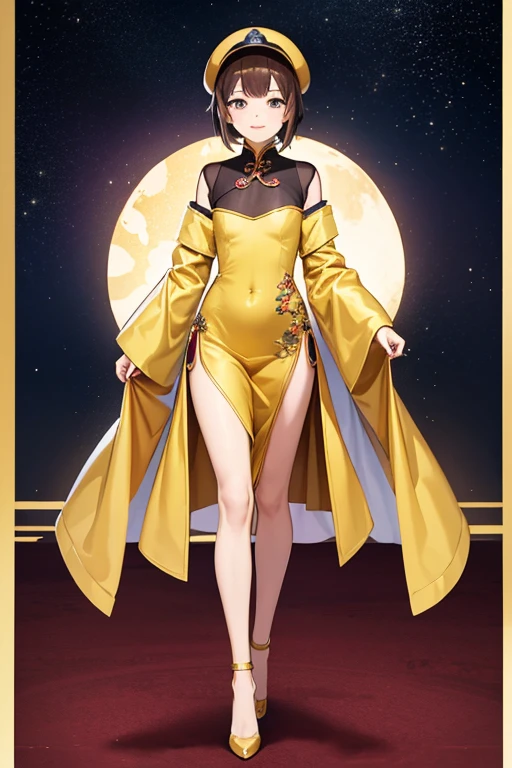 Anime Art、Full body portrait、Taoist priest in space science fiction、A curvy Chinese woman, standing upright, about 185cm tall, about 45 years old, wearing a yellow Taoist outfit、Twin-tailed brown hair、Bossy smile、barefoot、Yellow fireballs fly all around