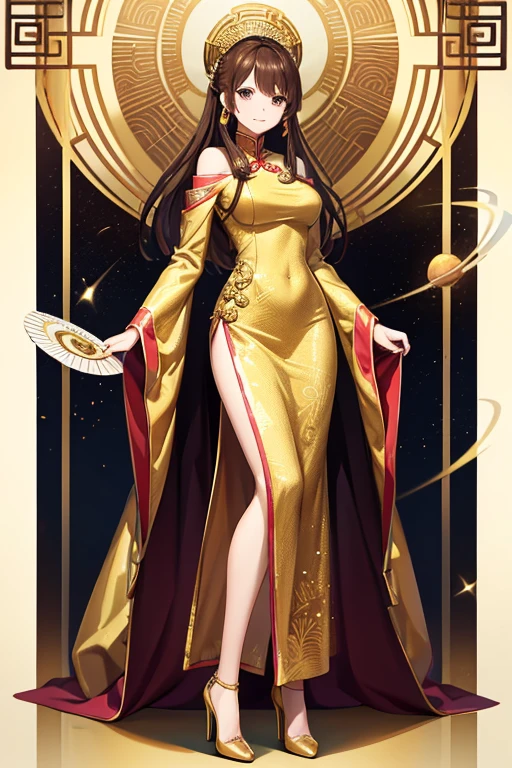 Anime Art、Full body portrait、Taoist priest in space science fiction、A curvy Chinese woman, standing upright, about 185cm tall, about 45 years old, wearing a yellow Taoist outfit、Twin-tailed brown hair、Bossy smile、barefoot、Yellow fireballs fly all around