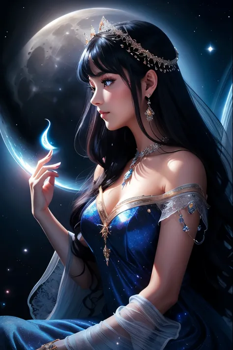 In the quiet stillness of the night, a black haired fairy of the moon sits upon her shimmering bedazzled crescent throne, her ey...