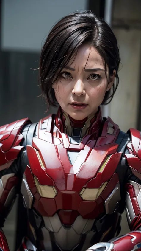 highest quality　8k red armor　Iron Man Suit　Middle-aged women　　Sweaty face　　short hair　　Steam coming out of the head　My hair is w...
