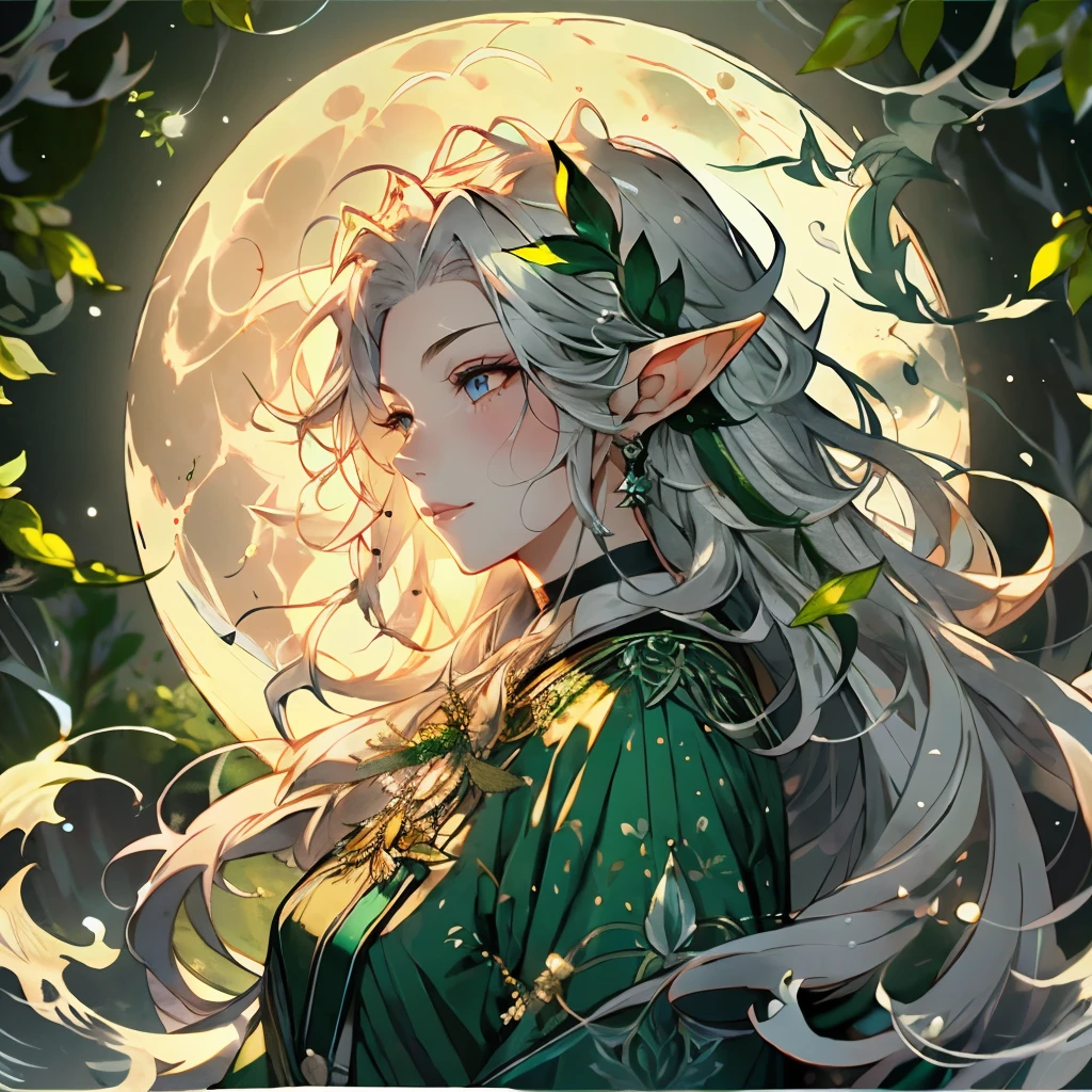 best quality,4k,highres,masterpiece:1.2,ultra-detailed,realistic:1.37,portraits,wildlife,moonlight,forest,mystical,elf,shapeshifter,moon goddess blessings,promiscuous,female elf,upper body,long flowing hair,piercing eyes,graceful posture,lush greenery,enchanted aura,wisps of magic,pale moonlight,a sense of mystery,vibrant colors,detailed fur and feathers,moonlit glade,moonbeam illuminating the scene,ethereal beauty,sensual glamour,seductive,silver ornaments,dark forest background