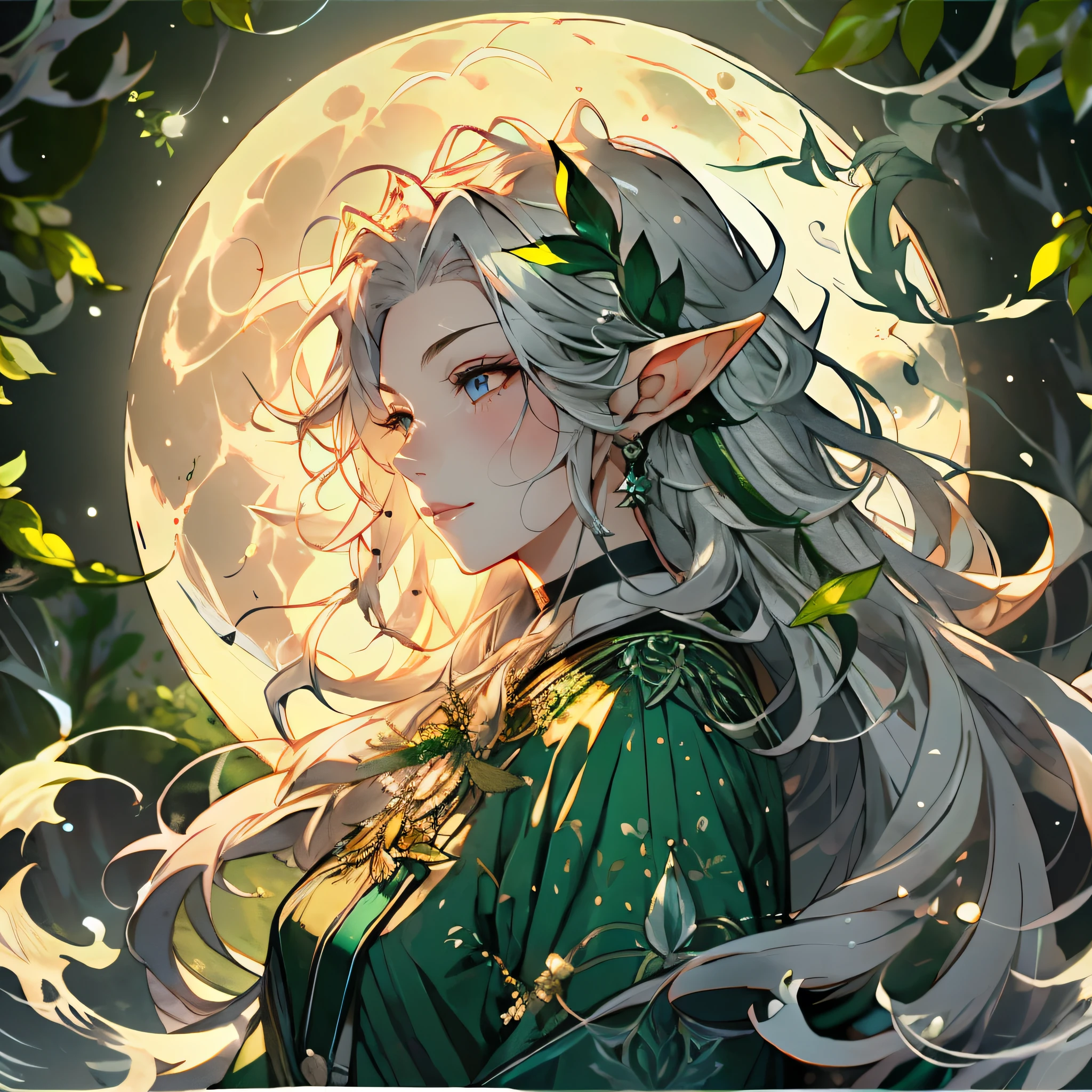 best quality,4k,highres,masterpiece:1.2,ultra-detailed,realistic:1.37,portraits,wildlife,moonlight,forest,mystical,elf,shapeshifter,moon goddess blessings,promiscuous,female elf,upper body,long flowing hair,piercing eyes,graceful posture,lush greenery,enchanted aura,wisps of magic,pale moonlight,a sense of mystery,vibrant colors,detailed fur and feathers,moonlit glade,moonbeam illuminating the scene,ethereal beauty,sensual glamour,seductive,silver ornaments,dark forest background