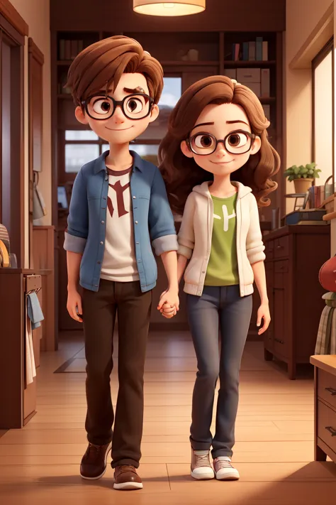 a young heterosexual couple, a tall thin boy with light brown hair and hipster glasses and the shorter girl, also white, with da...