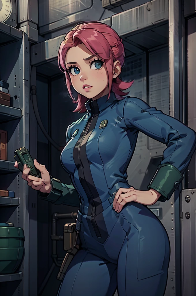 Mayl Sakurai reimagined as a vault dweller, doing maintenance in an underground vault. Her vibrant pink hair stands out against the dimly lit environment. She is a 26-year-old woman dressed in a vault dweller jumpsuit, indicative of her role in the post-apocalyptic world. The jumpsuit is worn but still functional, reflecting the harsh conditions of life underground. Her face is beautifully detailed, with expressive eyes that convey determination and intelligence. Her lips are also well-defined, adding to her overall allure.

In the vault, Mayl Sakurai is seen operating a pipboy, a wrist-worn device that serves as an essential tool and information hub for survival in the vault. The pipboy's screen emits a soft glow, illuminating Mayl's face and casting a subtle green hue on the surroundings. The details on the pipboy, from its buttons to its display, are extremely detailed, showcasing its futuristic design.

The underground vault is filled with mechanical equipment and pipes, emphasizing the importance of maintenance in this post-apocalyptic world. The atmosphere is gritty and industrial, with a hint of mystery and danger. The lighting is dim and has a hint of blue tones, enhancing the underground ambiance.

Despite the grim surroundings, Mayl Sakurai exudes confidence and strength as she jumps into action, ready to fulfill her duties as a vault dweller. Her posture and expression suggest that she is prepared to face any challenge that comes her way.

The image quality should be at its best, with 4K resolution and ultra-detailed rendering, capturing every intricate detail of the scene. The colors should be vivid, emphasizing the contrast between Mayl's vibrant pink hair and the dimly lit environment. The overall style should lean towards a post-apocalyptic concept art aesthetic, blending realism with a touch of fantasy.

In summary, the Stable Diffusion prompt for the provided theme would be:
Mayl Sakurai reimagined as a vault dweller, doing maintenance in an undergr