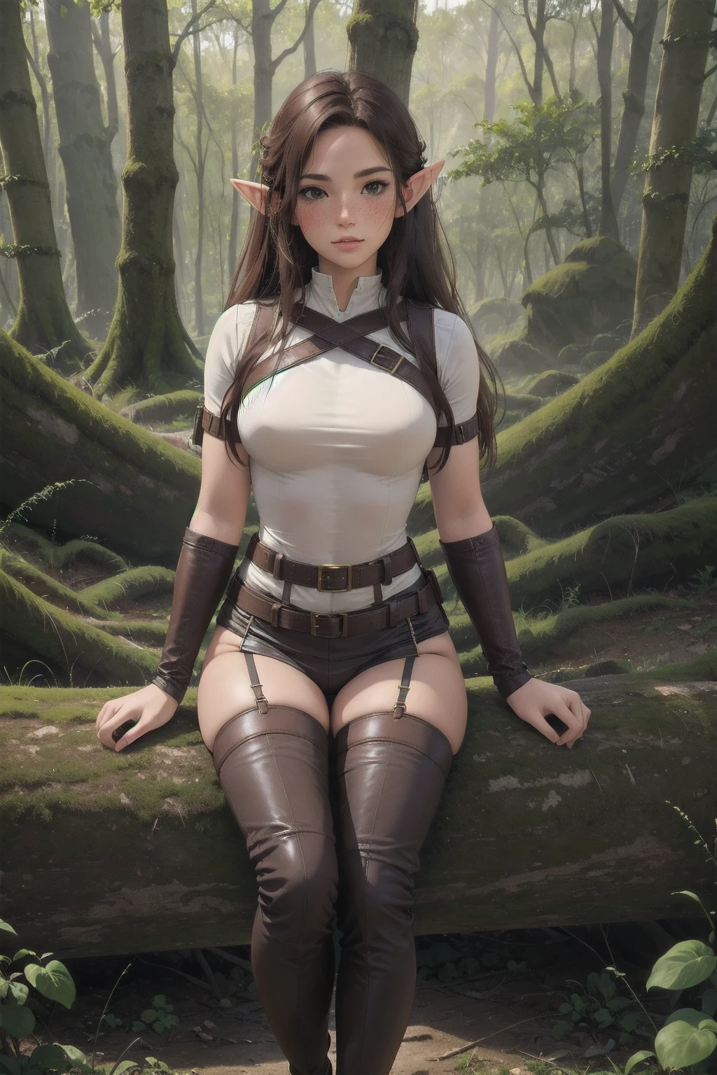 Masterpieces, best quality, perfect, wood, outdoors, forest, elf, sfw,26 years old, mature woman, leather, small ears, blushing, freckles, facing viewer, brown hair, full body, archer, long torso, mouth open, glossy lips, large waist, thick thighs, sitting on log, facing viewer, thigh high socks, hourglass shape, slim waist, thigh gap, cleavege, adult woman, cleavege window, large breasts, beautiful background, perfect landscape, the most peacefull place you've ever been, a welcoming woman, lush pastures, leg strap, leg holster, belt, hunger games, holding wooden bow, holding fancy elf bow, milf, thigh boots held up by leather waist strap, cleavege cutout,