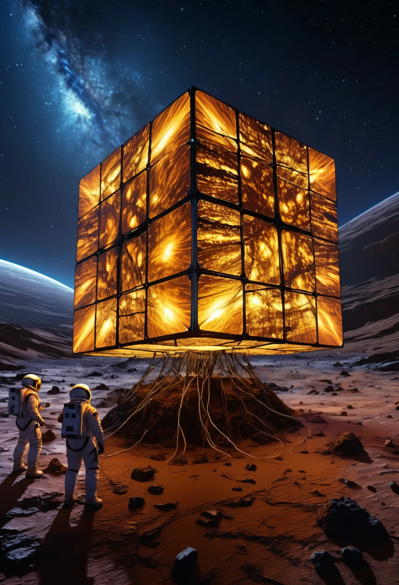 dois astronautas investigando um cubo enorme em um planeta alienígena. O cubo é hiper reflexivo e cada face reflete um bioma planetário único. O topo do cubo está crepitando com eletricidade alcançando uma estrela em busca de energia, vívido claro, resolução ultra-alta