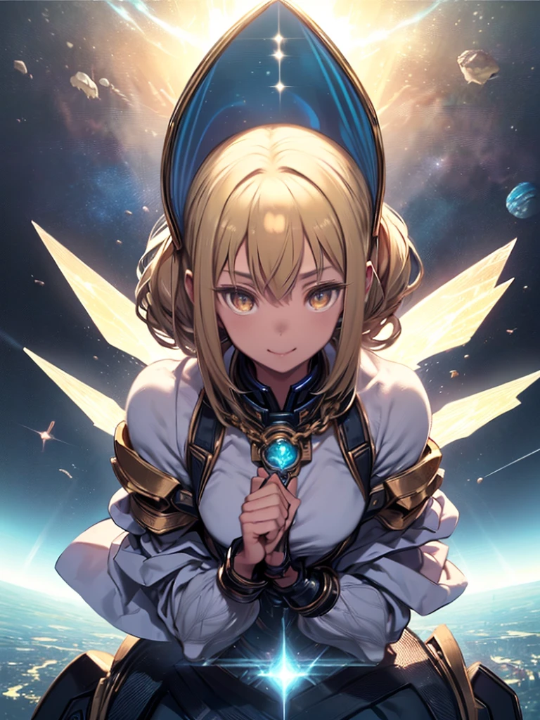 woman holding a crystal ball in her hand、最high quality、Best image quality、masterpiece、With a girl((18-year-old、Metallic Space Armor、Best Bust、Bust 90、Blonde、semi-long、Glowing Eyes、Open your chest wide、valley、happiness、Luminous Chain Accessories、Space Accessories、no gravity、Raise your fist、The best smile、Laser from both hands,top down、Show the whole body、Looking up at the audience）high quality、Visual Arts、background(space、performer々、Cosmo Steppeace、Great graphics、Very delicate