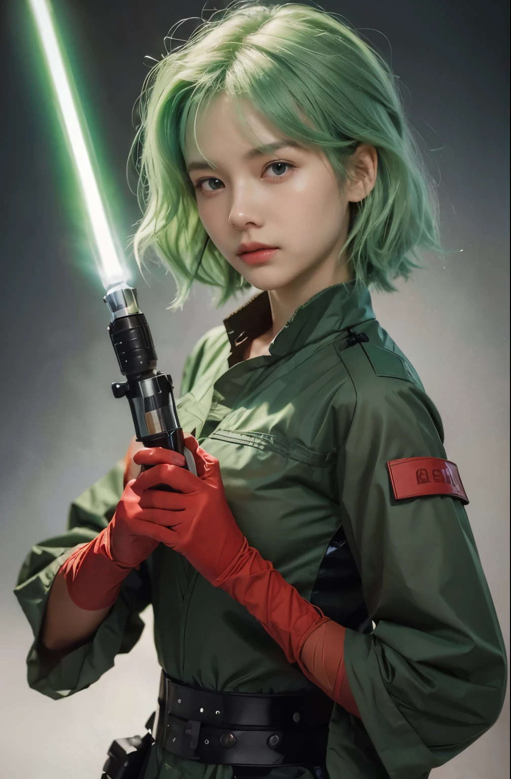 belle jeune femme. Dix-sept. cheveux vert clair. Elle portait une tenue de combat à base de rouge.. Il tenait un sabre laser dans une main.. Il avait une expression sérieuse sur son visage..