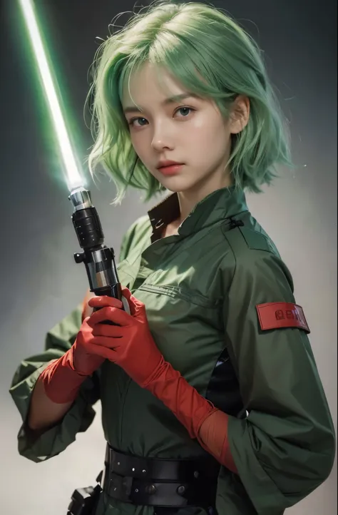 beautiful young woman. seventeen. light green hair. She wore a battle outfit based on red.. He held a lightsaber in one hand.. H...