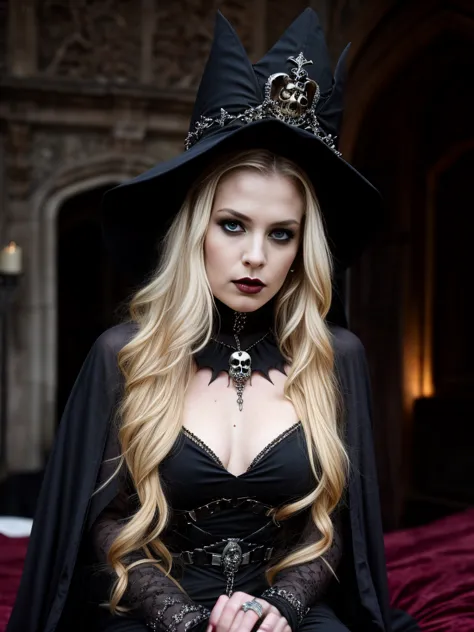 blond woman with a crown sitting on a bed next to a skull, scary queen of death, queen of death, goddess of death, dark goth que...