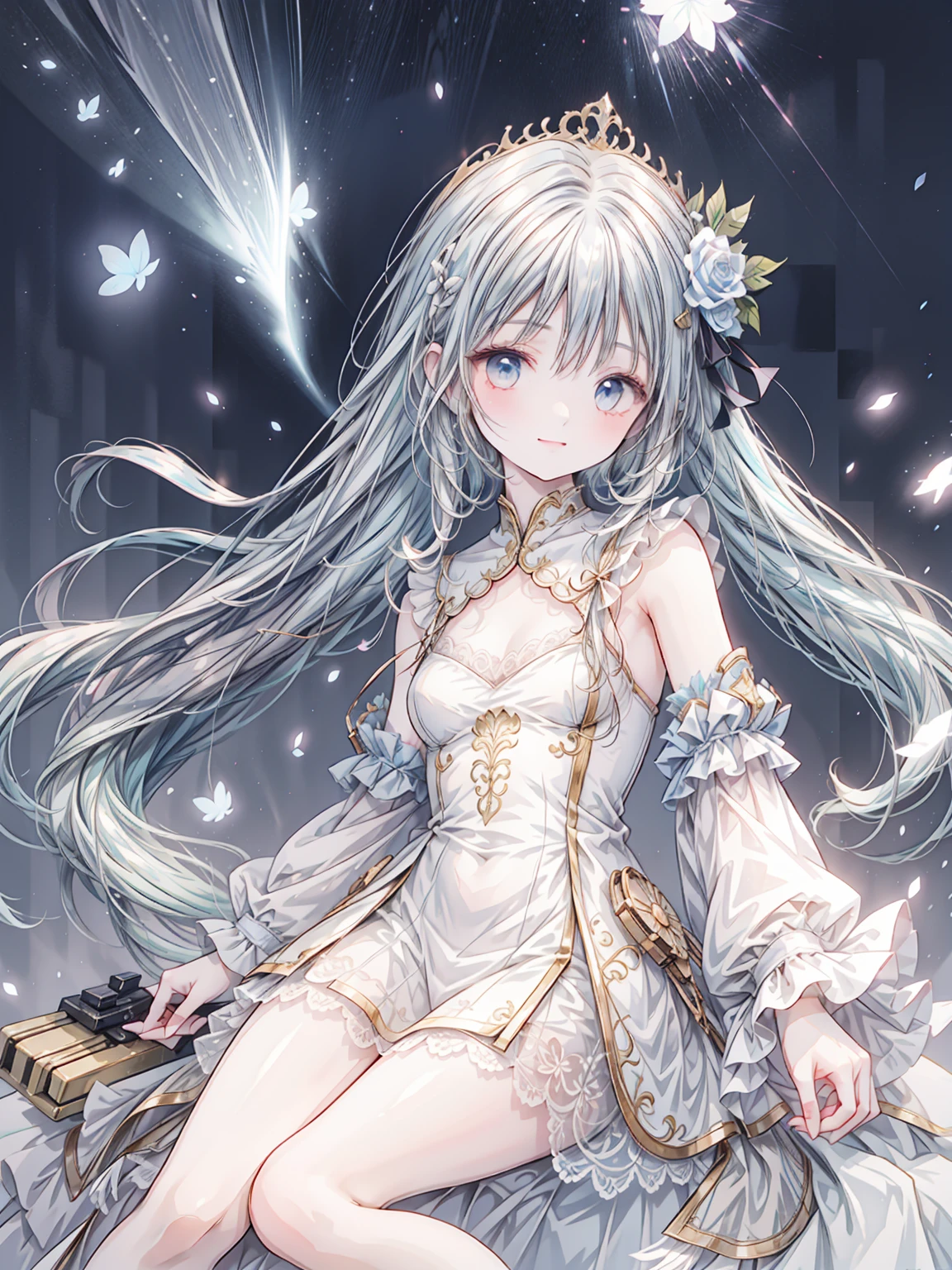 masterpiece, best quality, extremely detailed, (illustration, official art:1.1), 1 girl ,(((( light blue long hair)))), light blue hair, ,10 years old, long hair ((blush)) , cute face, big eyes, masterpiece, best quality,(((((a very delicate and beautiful girl))))),Amazing,beautiful detailed eyes,blunt bangs((((little delicate girl)))),tareme(true beautiful:1.2), sense of depth,dynamic angle,,,, affectionate smile, (true beautiful:1.2),,(tiny 1girl model:1.2),)(flat chest)),castle,1girl in,Smile,Full body layout,tiarra,Dress,Princess