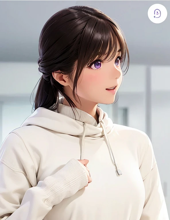 High resolution,In 8K,highest quality,detailed,Semi-realistic anime,Anime 3D Style,Smooth anime CG,One Girl,19-year-old woman in Japan,slim,Modeled,Shiny brown hair,Medium Hair,detailedな顔,Beautiful and detailed,Glowing Skin,Light Turtleneck Shirt,Ivory colored hoodie,straggling hair,Angelic hairstyle,(Small breasts),((Deep violet sparkling eyes)),(((Looking at the camera))),((Shut your mouth.)),((Laughter))