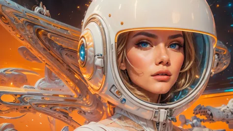 arafed image of a white woman in a futuristic suit with a spaceship in the background, movie art, in front of an orange backgrou...