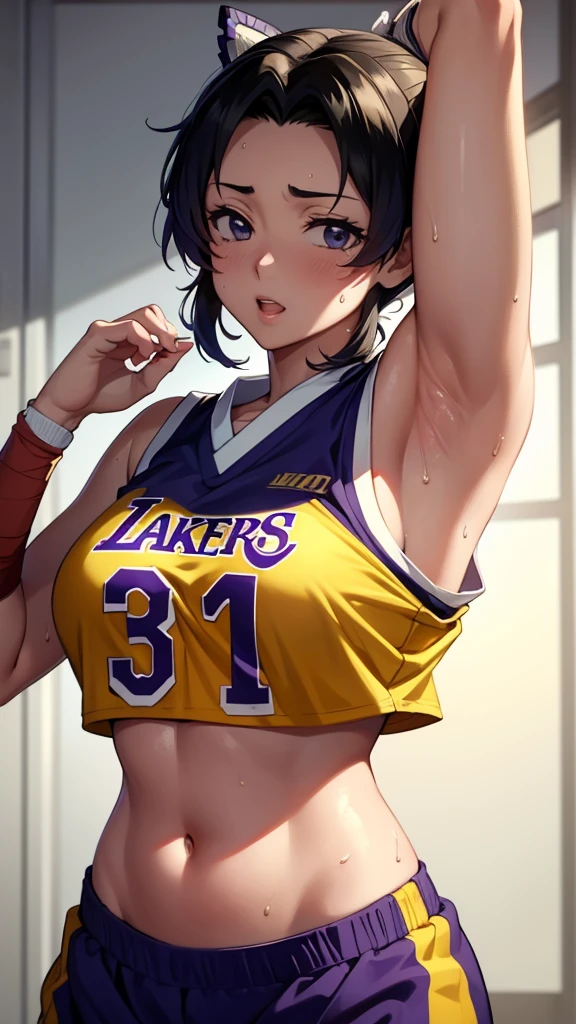 a close up of a person wearing a basketball uniform, a picture, inspired by Kentaro Miura, trending on pixiv, Shinobu Kochou, Demon Slayer, Kimetsu no Yaiba, wearing yellow nba jersey, yellow croptop nba jersey, wearing a low cut croptop, wearing croptop, croptop, written "Lakers" on the croptop, golden raito, (winking), shirobako, large)}], favorite scene, fine details. anime. skins, sweating, big breasts, both hands raised, armpits, armpits visible, dripping with sweat, more more sweat, sweaty armpits