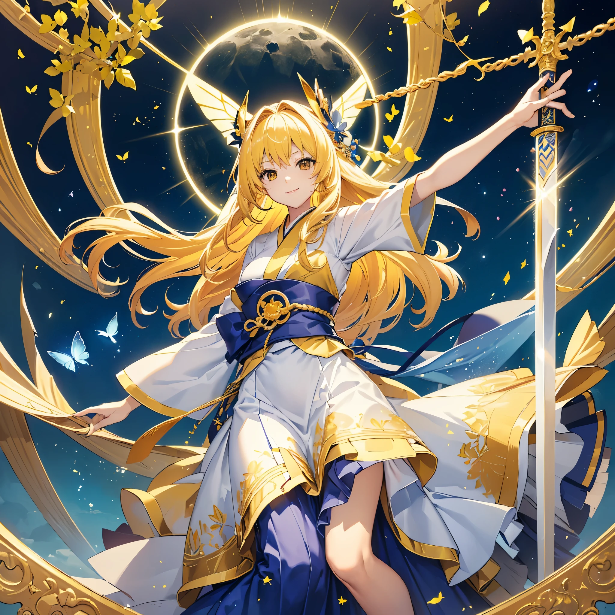 ((high resolution　Yellow Hair　Long Hair　Goddess of victory　one person　Lonely　smile))　((Blue Butterfly　night　Japanese style　old　Shining Aura　rainbow))　(Dance　Blade of Light　Shining Holy Sword　Swing down　Slashing)　moon　star　Draw your sword　Slashing　Catch the wind　fall