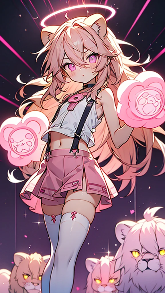 anime style,ultra hyper shota,((pink glowing Lion shaped halo,Noise effect on eyes)),
(bare stomach,suspender hanging stockings,very short hipbone skirt,short tops),sliver wavy long hair,
